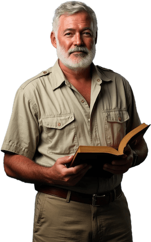 Ernest Hemingway holding an open book.