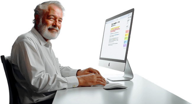 Ernest Hemingway sitting at a computer