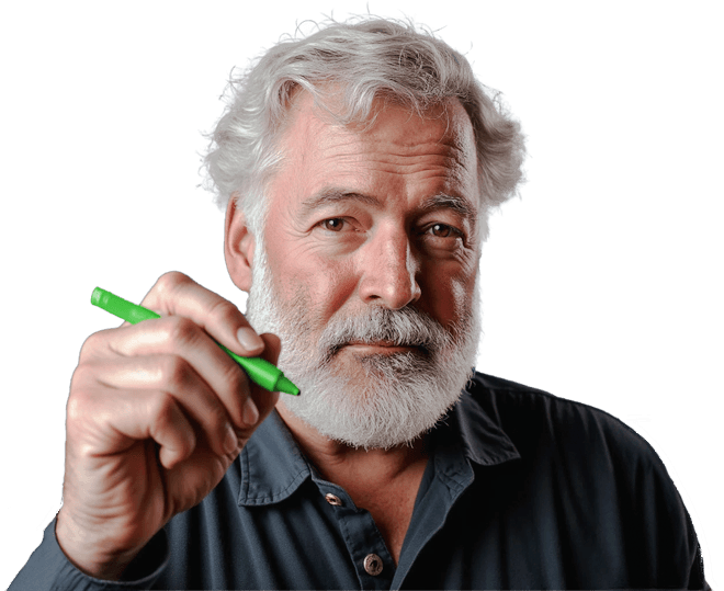 Ernest Hemingway holding a green proofreading marker.