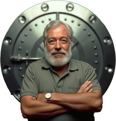 Ernest Hemingway standing in front of a bank vault.
