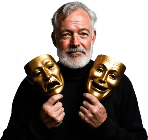 Ernest Hemingway holding different masks.